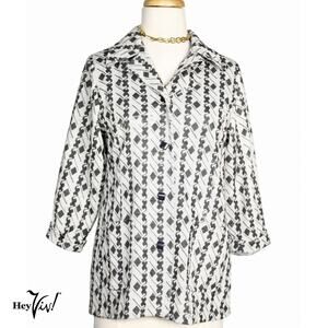 Vintage Black White Geometric Knit Jacket Top Cool Buttons & Pockets L - Hey Viv
